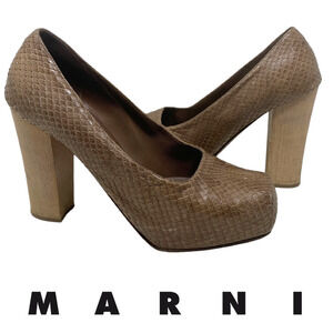 Marni Brown Snakeskin Pumps Sz EU 40 US 10 Platform Chunky Wood Heel Square Toe